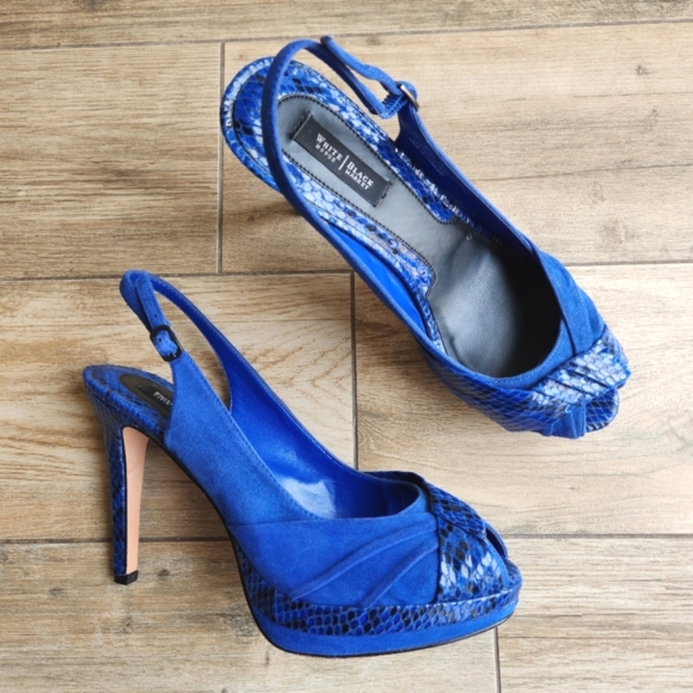 WHBM Blue Peeptoe Slingback Platform Alligator Snake Shoes 8.5